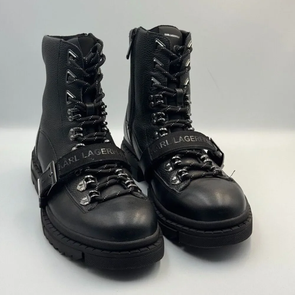 Karl Lagerfeld Paris Mens 13 Black Belted Leather Hiker Biker Boots NWOB
